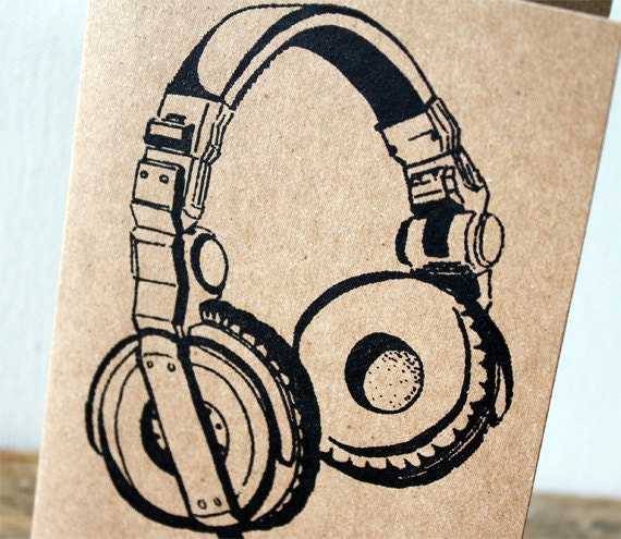Headphone - Black, gocco screen-printed on brown recycled  kraft card