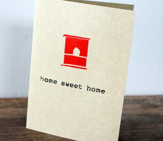 Birdhouse, home sweet home card - Black gocco screen-printed on brown ribbed kraft card