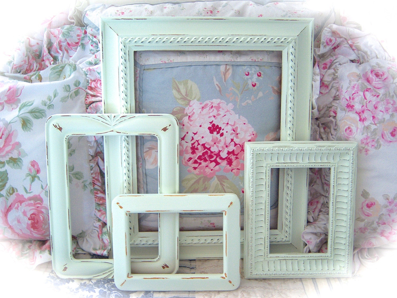 Shabby VINTAGE Distressed Ornate Celadon Jadette GREEN Carved Gesso Picture Photo FRAMES Set of 4