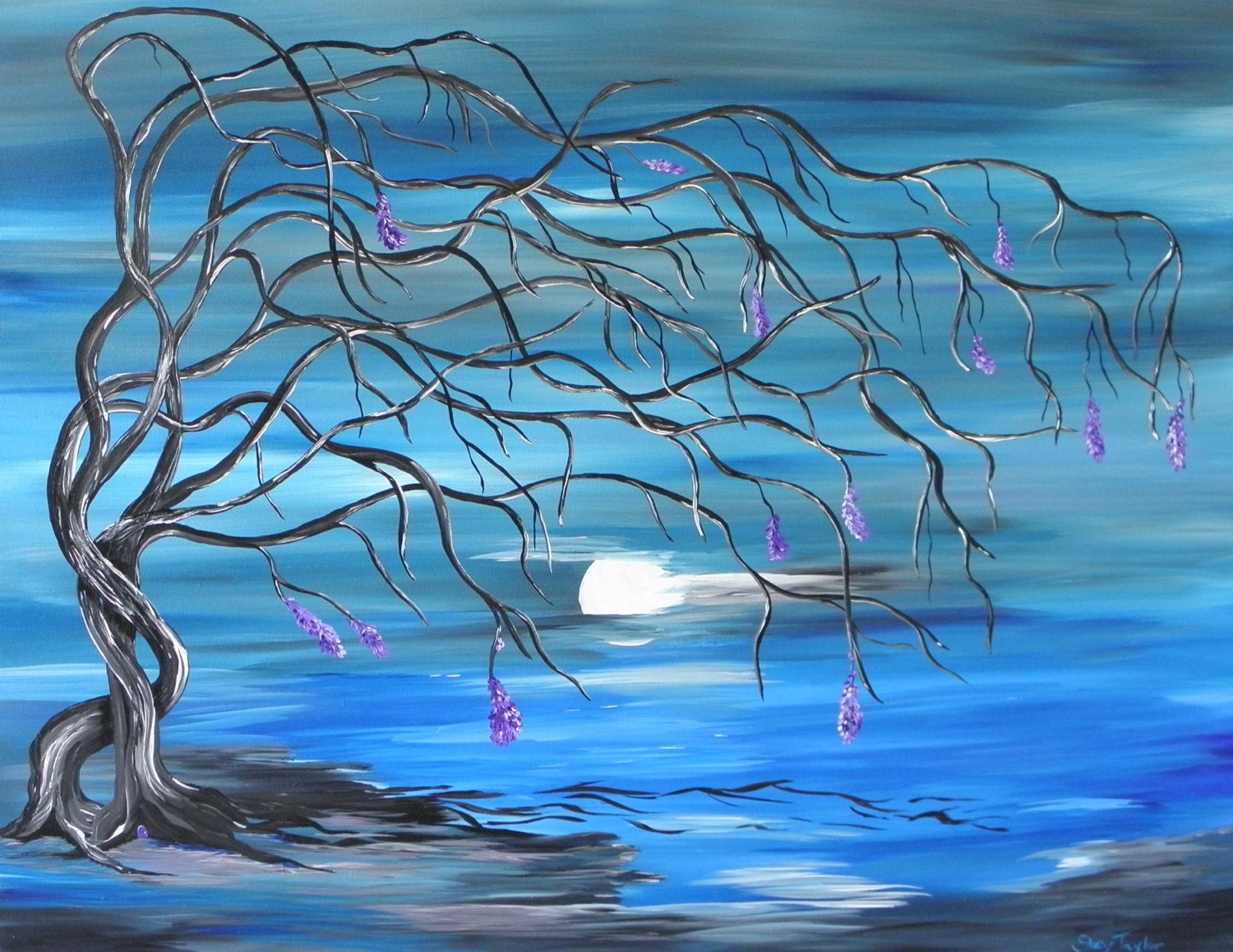 Original Painting, Ethereal misty moonlit, Driftwood trees in love, Surreal art, Fantasy Art, fine art, fairy door