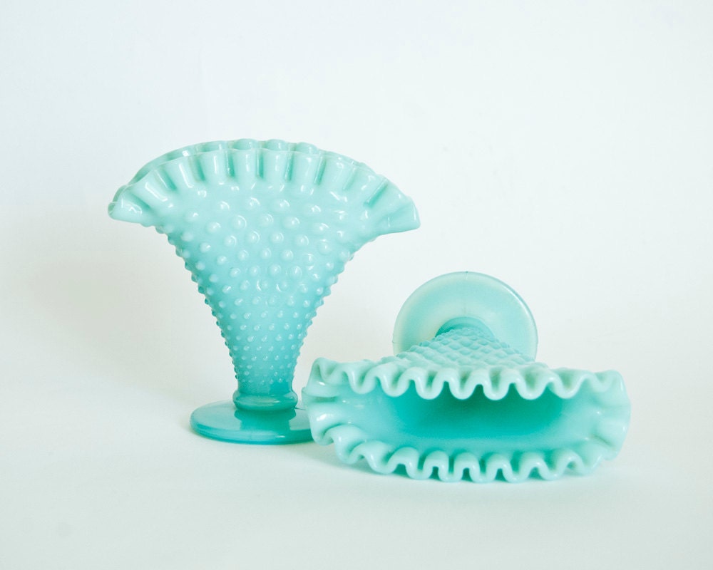 Fenton Turquoise Hobnail Milkglass Fan Vases Pair