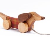 Wooden Toy red- yellow checked Sausage Dog pull toy - FriendlyToys