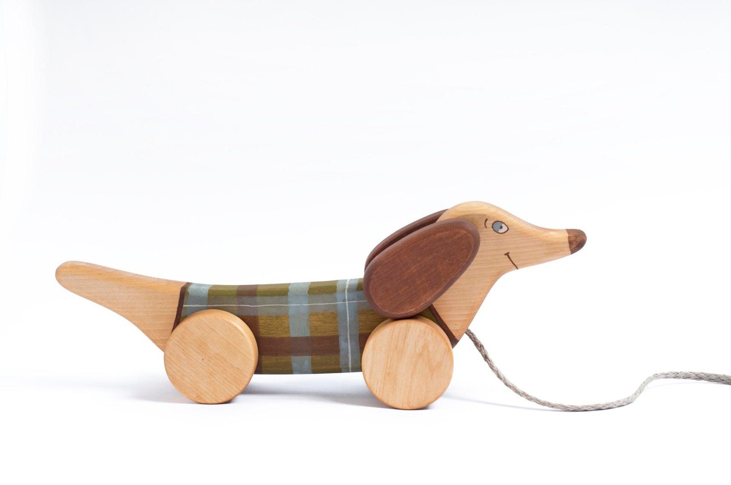 Kids Wooden Toy pull along toy Green Dog