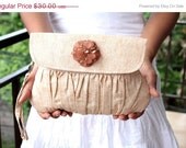 SALE - Clutch Purse Linen Caramel with Brown Beaded Flower