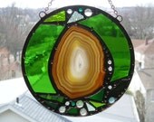 Round Stained Glass with Agate, Green Glass and Gems - Abstract - OOAK - Handcrafted - Made in USA - Art - Decorative Arts - Glass