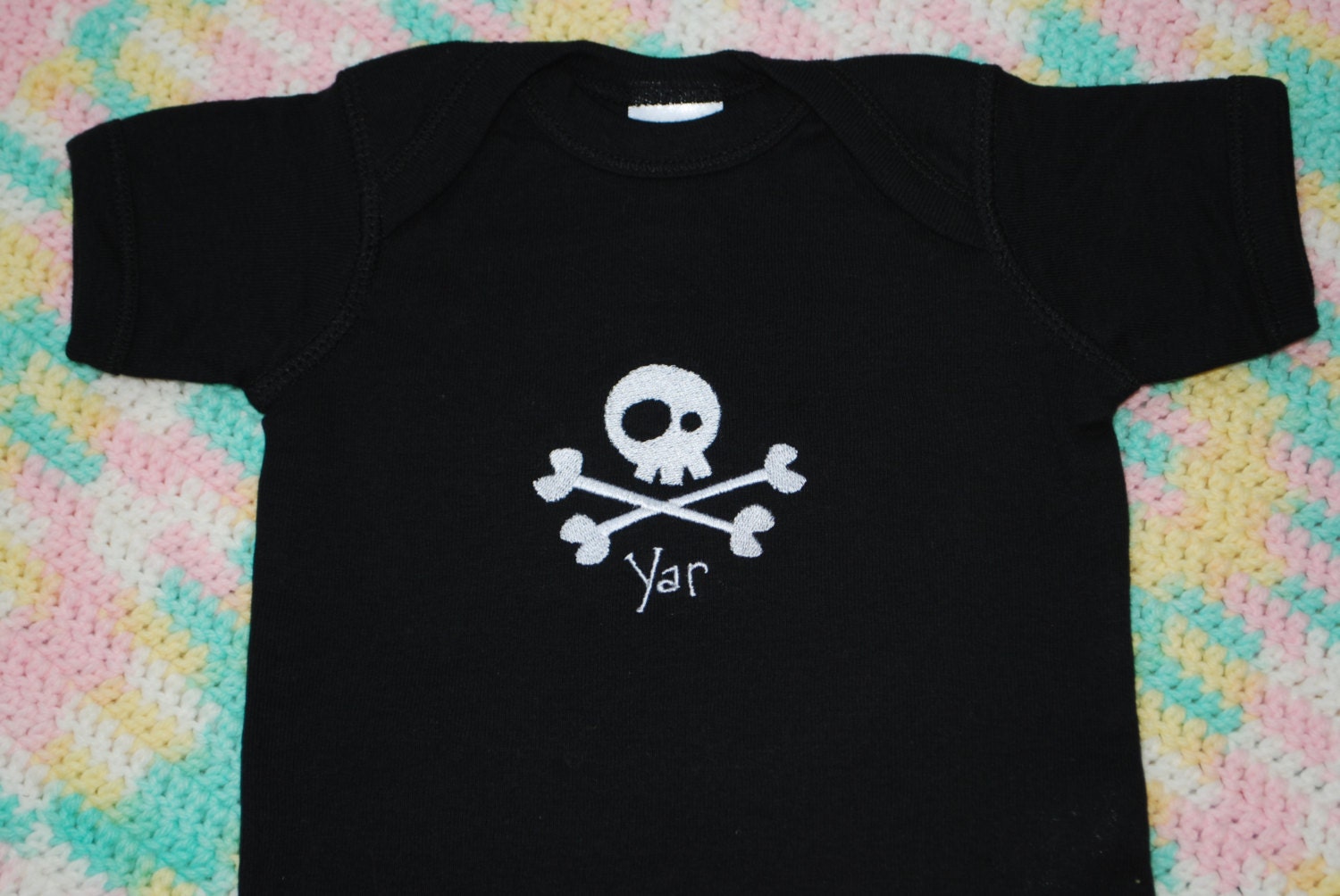 Pirate Yar skull black embroidered onesie