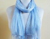 Sequined Shawl/Scarf in LIGHT BLUE with floral print and long fringe - accessories