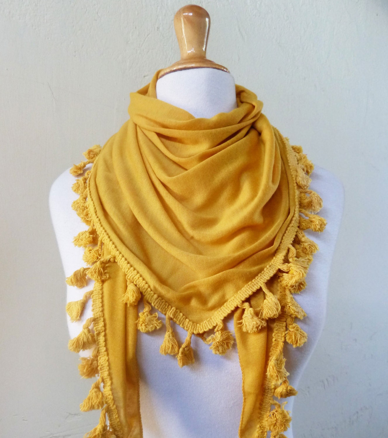Womens tasseled scarf in MUSTARD - scarflette shawl neckwarmer - Spring/summer