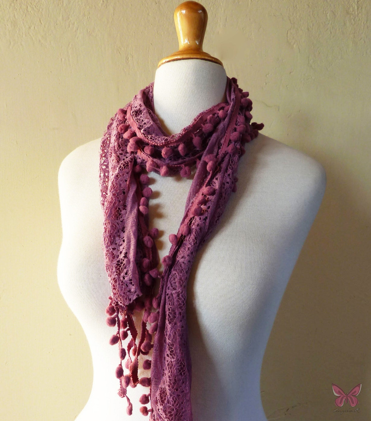 Womens Summer/Spring scarf in DEEP MAUVE with rich lace and pompom edge - scarflette shawl neckwarmer - accessories