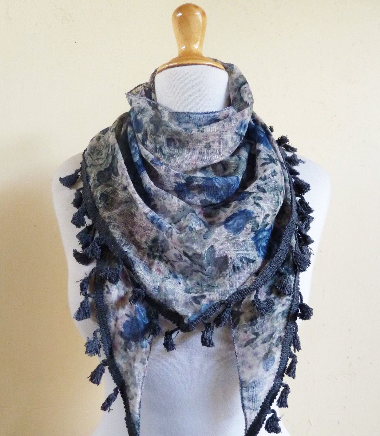 Womens tasseled scarf with floral print and BLUE GREY fringe - scarflette shawl neckwarmer
