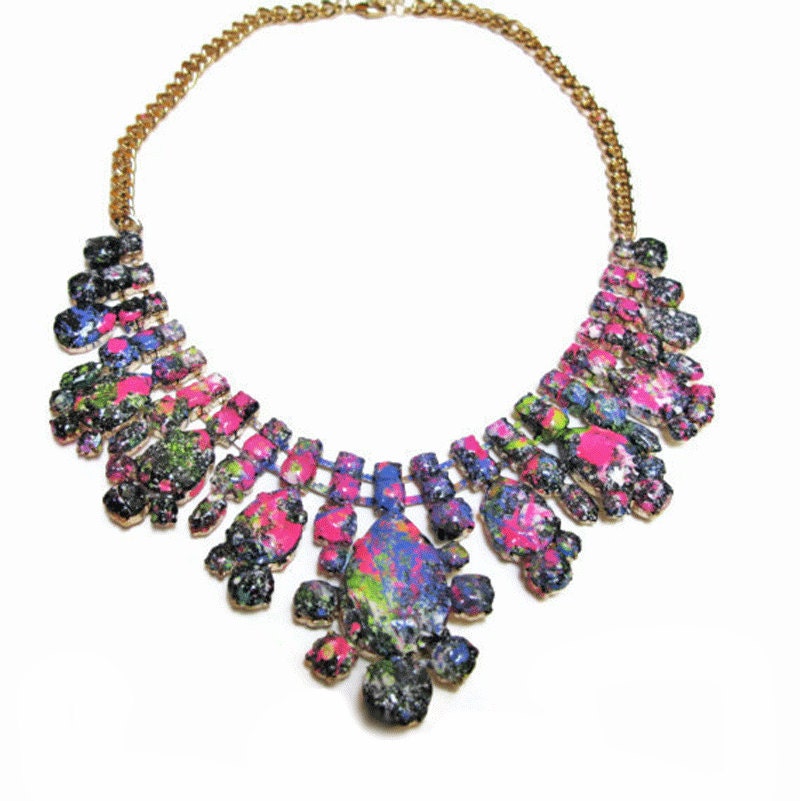 bib necklace hand painted Neon multicolor Pink Blue yellow Black