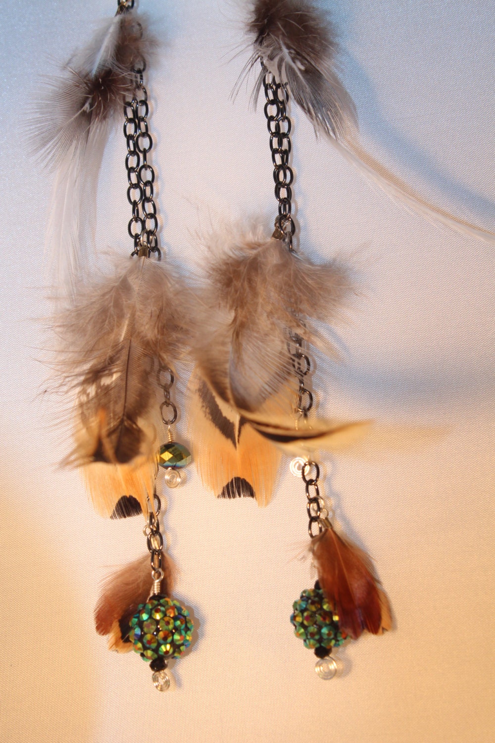 Bohemian Teal Earrings Feather Chain Swarovski Ball Dangle Celebrity Inspired Hippie Fashion Long Jewelry Brown Red