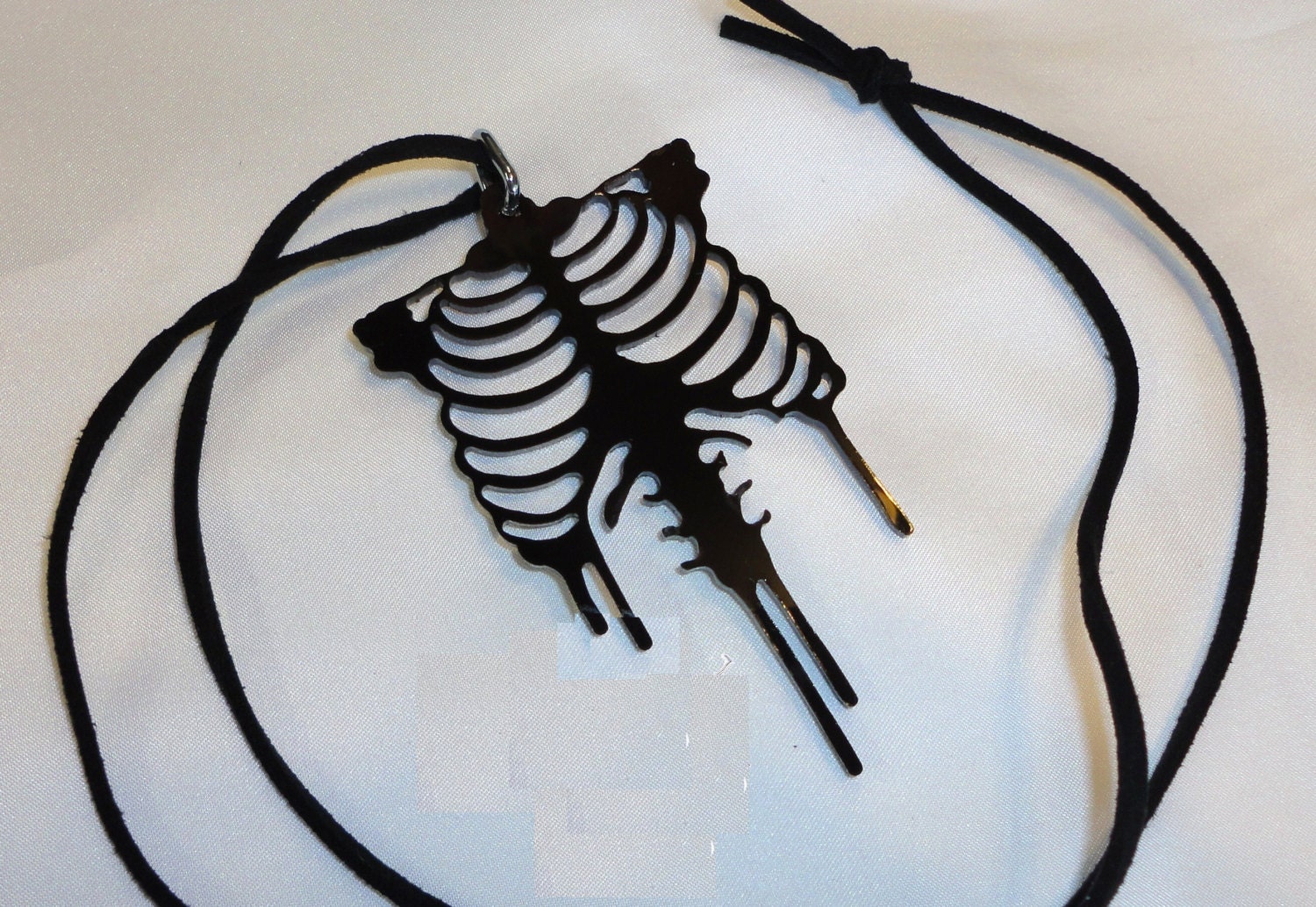 Black ACRYLIC SKELETAL RIBCAGE Pendant Necklace Black Velvet