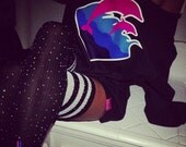 crystallized black thigh high socks with stripes.