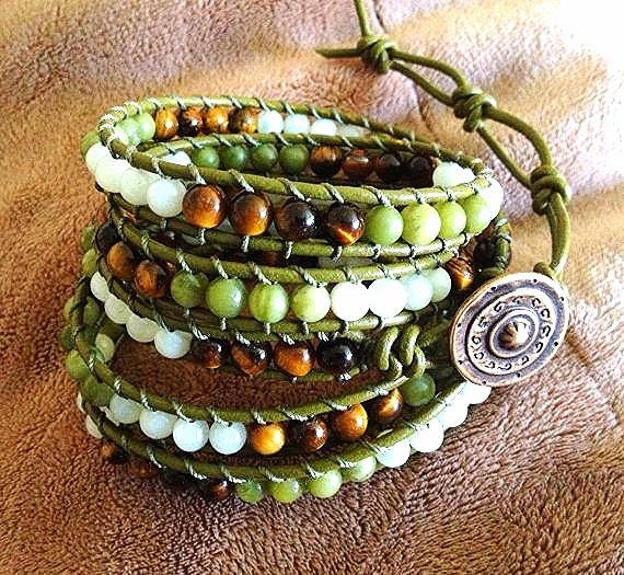 Earthy Green Beaded Leather wrap bracelet 5X boho bohemian natural earthy trendy multi gemstone denim blue