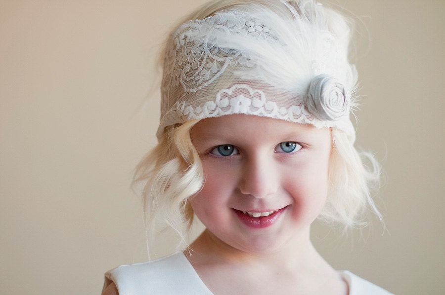Flower girl headband with silk flower and feather