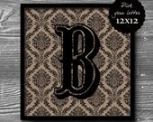 monogram personalized initial letter art kraft paper print  poster typography 12x12 home decor damask