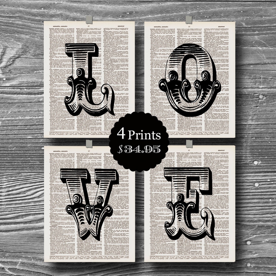 set  initial love letter art  dictionary print book page poster typography 8x10 home decor industrial