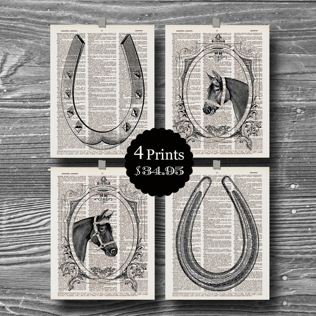 set  horse dictionary book page horseshoe print art vintage frame black equestrian bookpage ornate animal