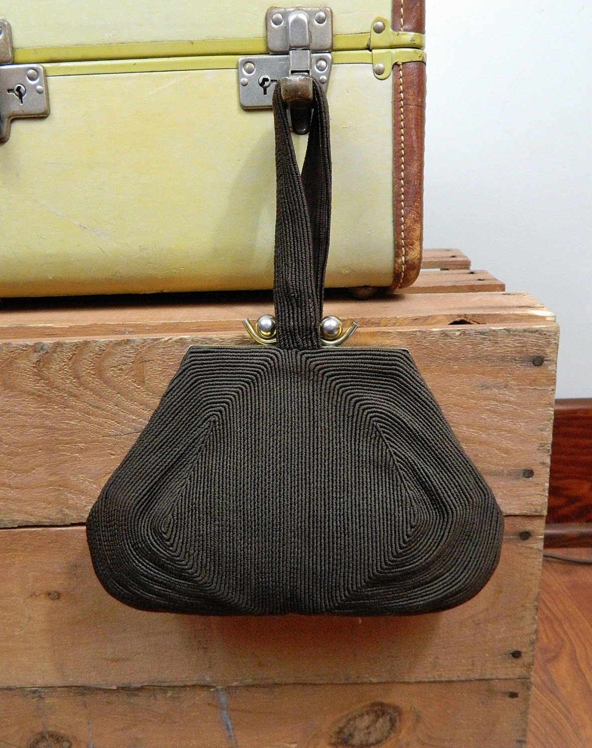 1940s chocolate brown corde purse . small handbag w deco clasp detail