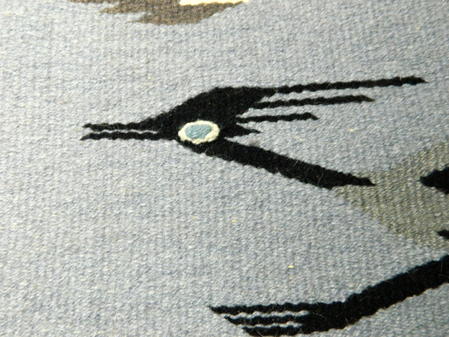 vtg southwestern woven rug . tribal wall hanging . road runner . ombre . grey blue tones . native mexican . saltillo