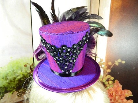 Purple Silk Rhinestones Gothic Victorian Tophat Minihat Fascinator Minizylinder Steampunk Burlesque Larping Wedding Costume