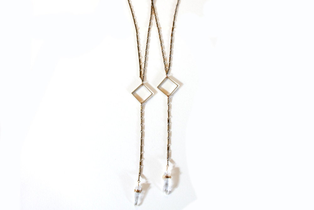 Geometric Crystal Point Drop Necklace Y - Drop Raw Rock Quartz Crystal Necklace Wire Wrap Brass Chain Jewelry