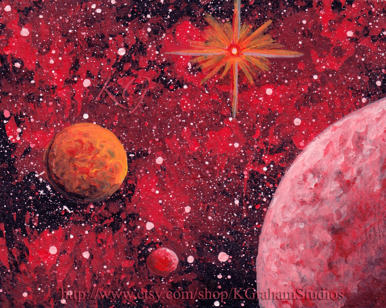 SPACESCAPE Fine Art Print  "Red Star Nebula" of an Original Painting by K Graham Bright Red Star & Nebula - Maroon World - Orange Moon