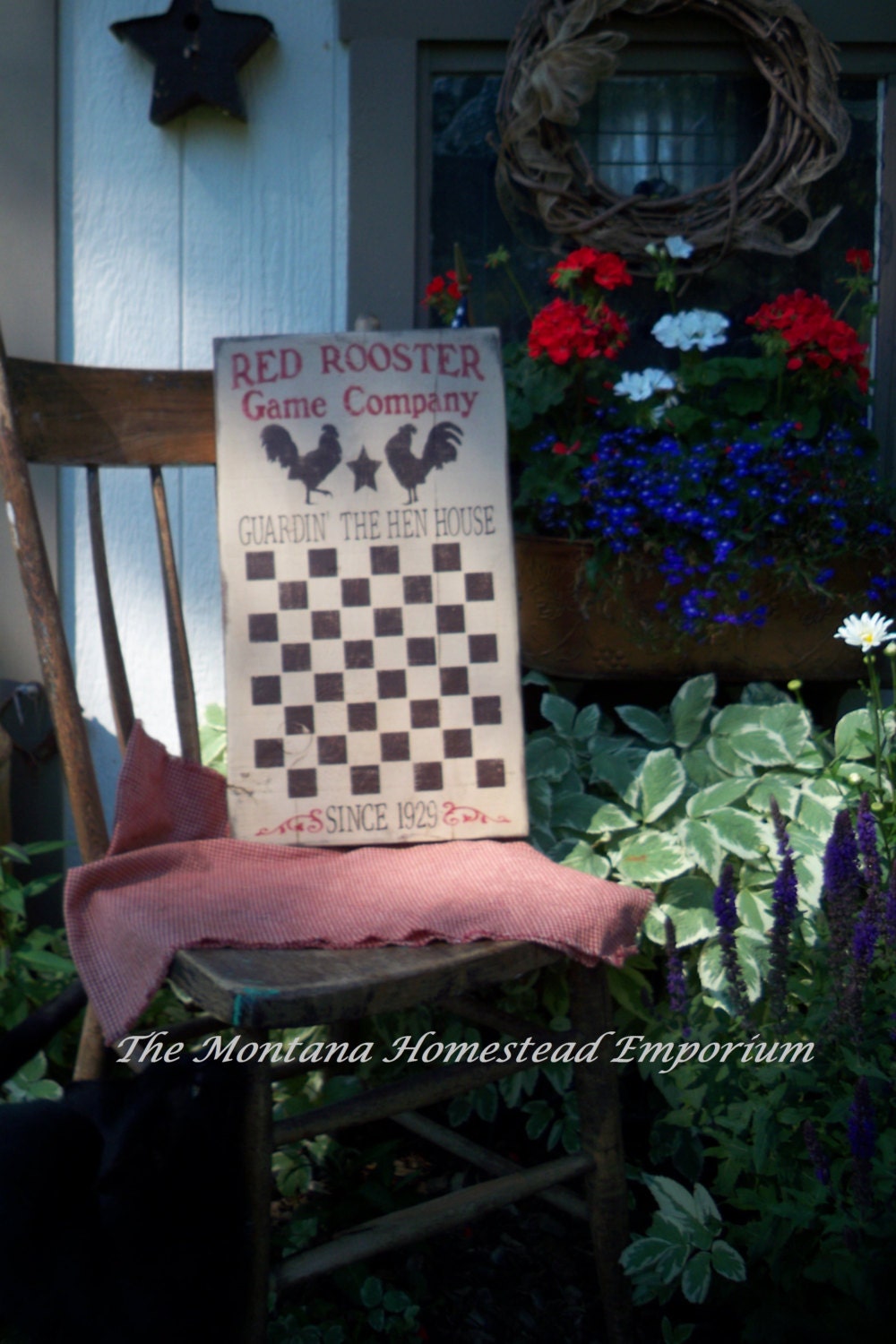Red Rooster game board sign primitive rustic checker board hand painted red rooster chicken hen house ready to ship
