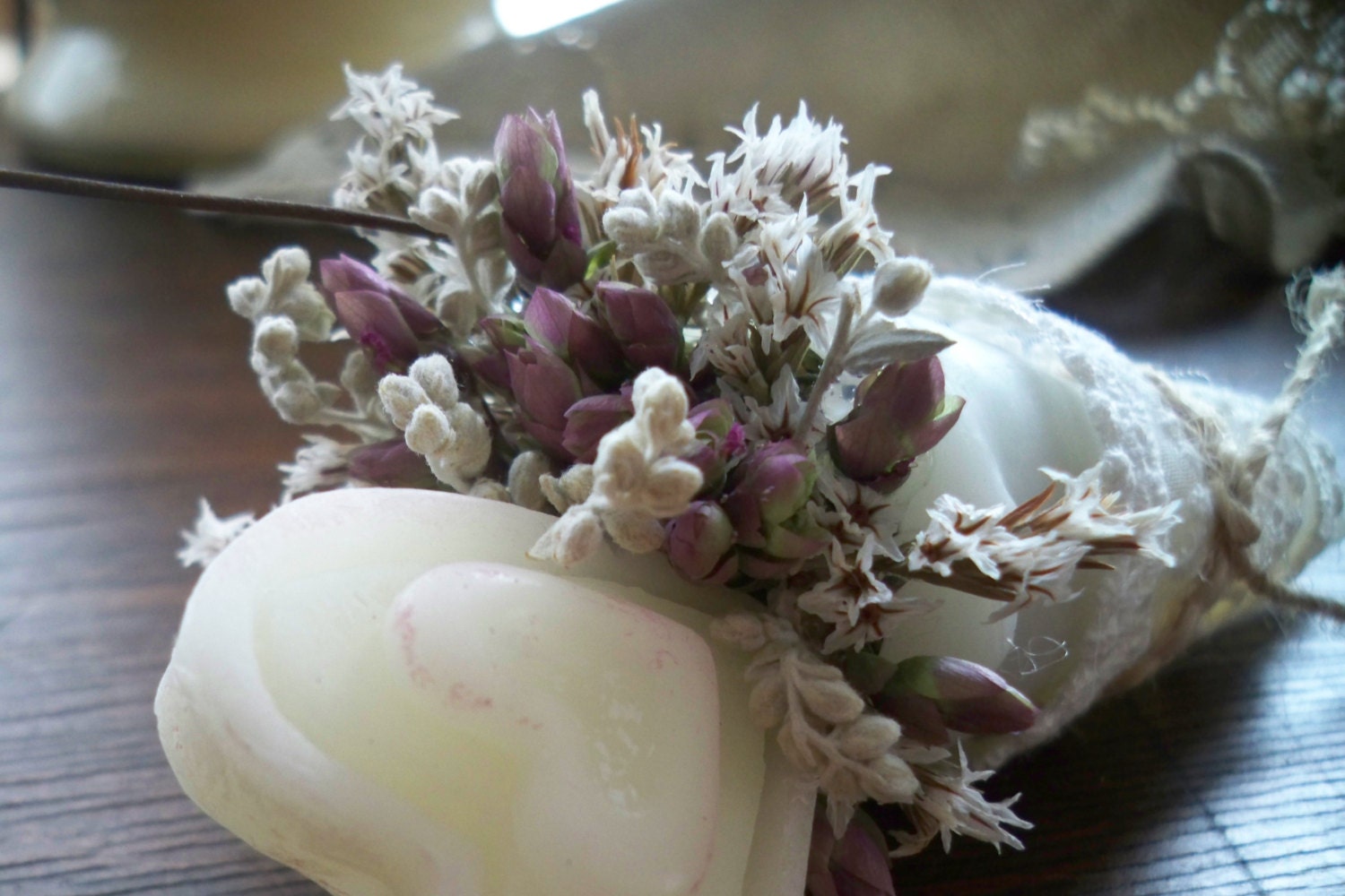 hanging beeswax cone with dried florals flower Midsummer Heather pure beeswax May Day flowers bridal shower favors rustic woodland wedding