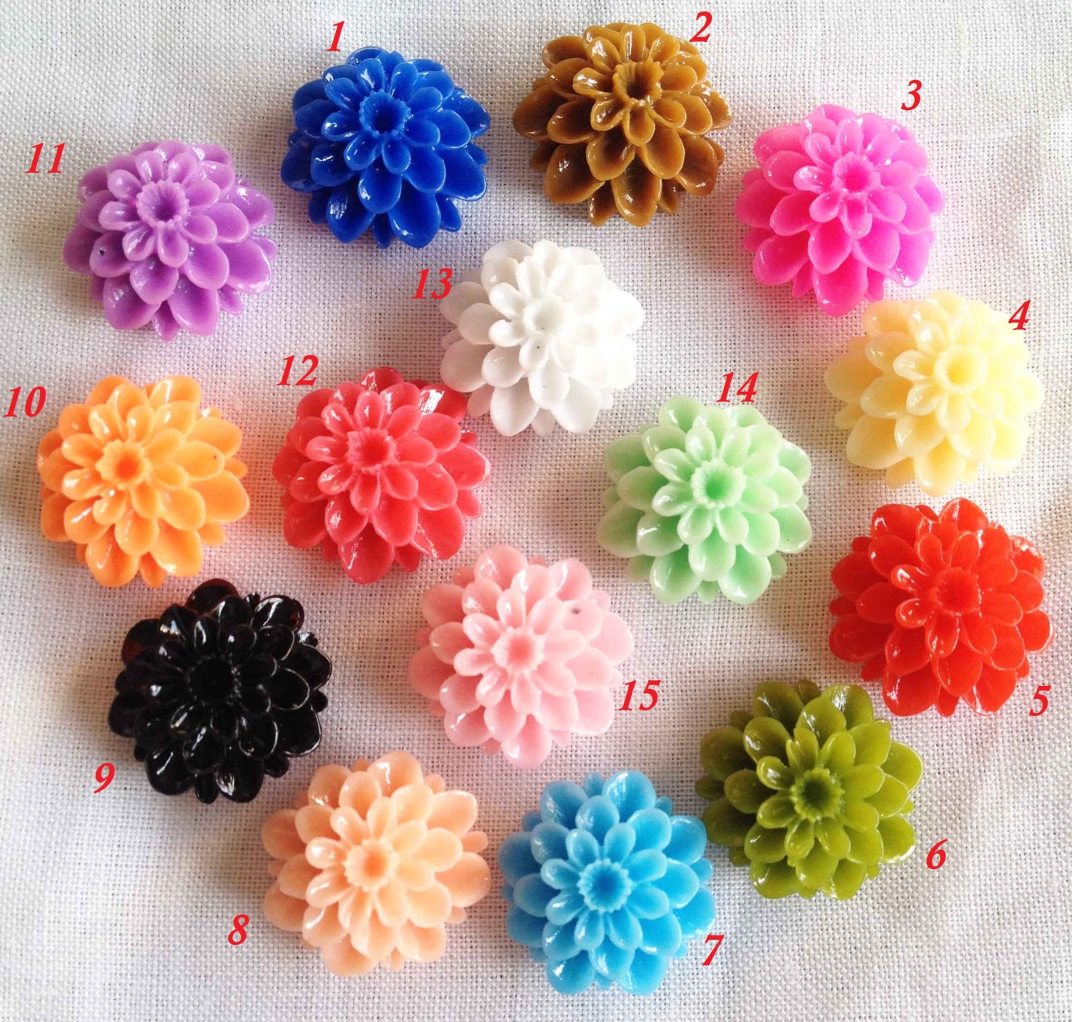 50pcs Chrysanthemum Flowers - Mixed Colors of Beautiful Resin Rose Bobby Pin Charm 20mm GLOSSY U103