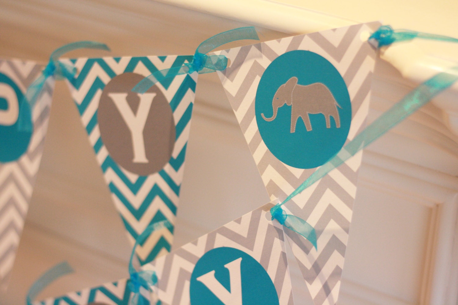 Happy Birthday Pennant Flag Turquoise Blue & Grey Chevron Elephant Theme Banner - Ask About Our Party Pack Specials