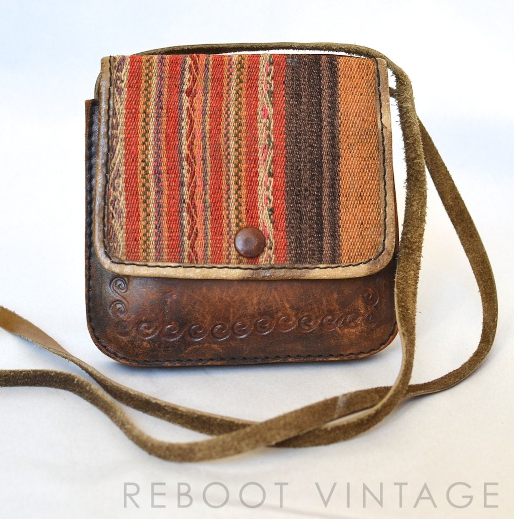 Vintage Mini Crossbody Leather Bag / Woven Bolivian Handmade Purse