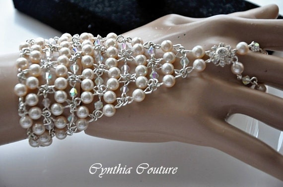 Bridal Slave Bracelet,Victorian Style Bracelet,Pearl Bracelet,Swarovski Crystal Bracelet,Rhinestone Slave Bracelet,Chainmaille, GEM