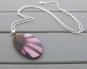 Echinacea Necklace, wood necklace, photo jewelry, purple, handmade pendant from real tree branch