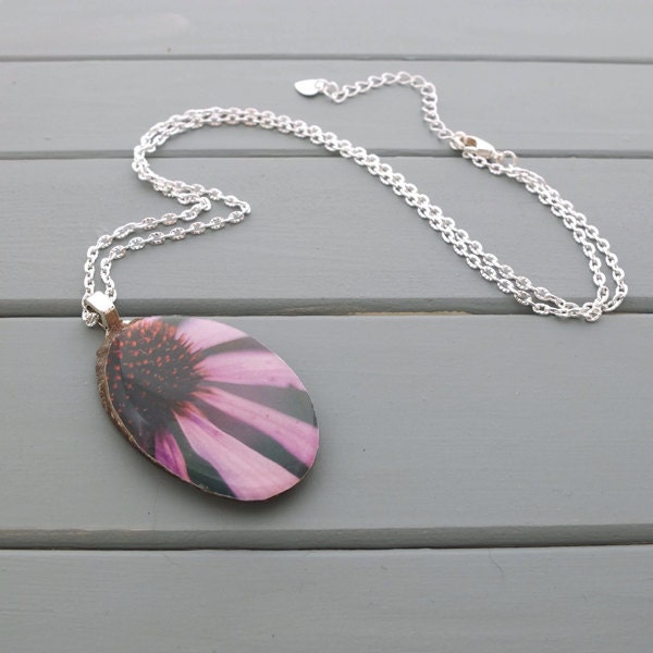 Echinacea Necklace, wood necklace, photo jewelry, purple, handmade pendant from real tree branch
