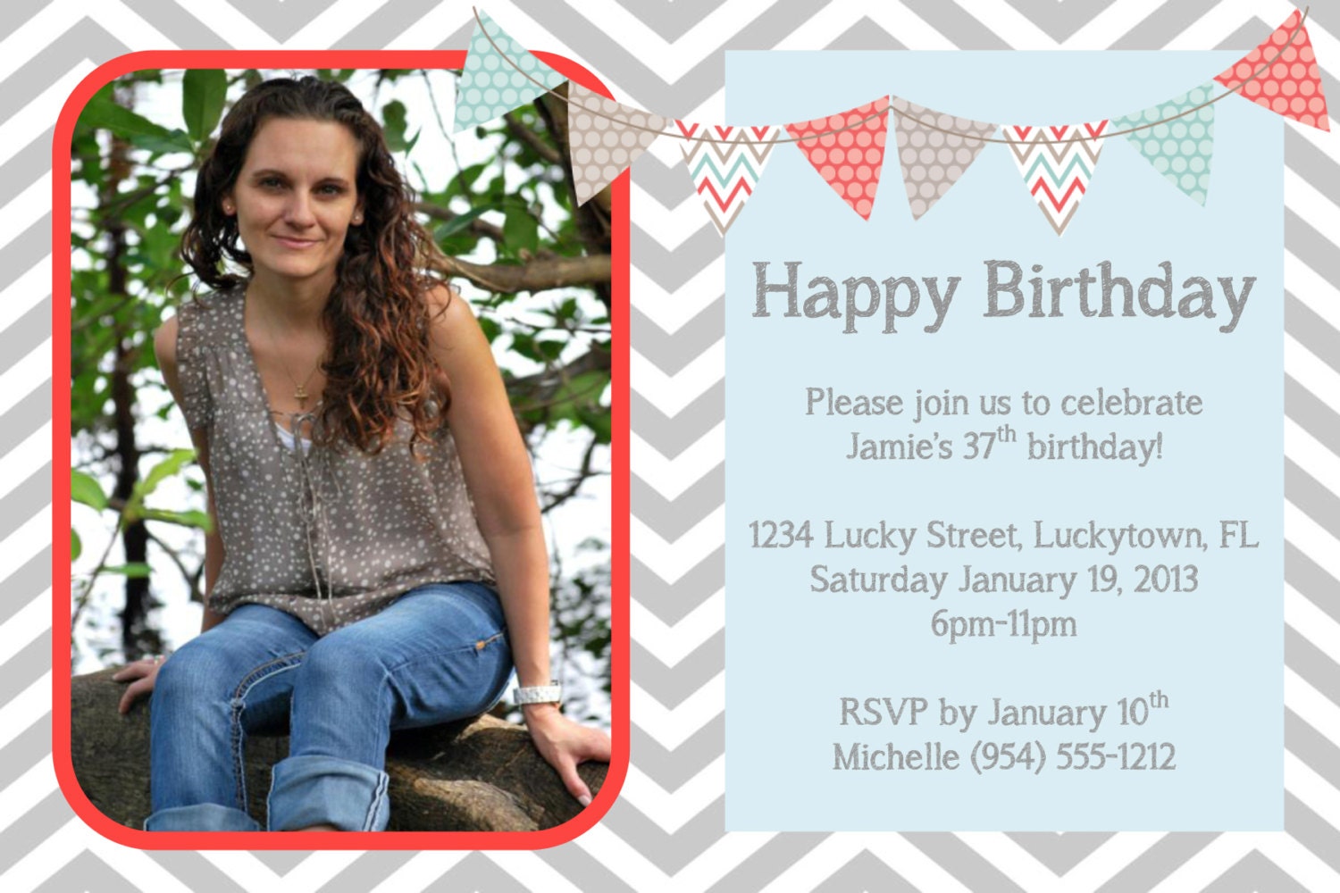 Grey Chevron Birthday Invitation 1 Template 4x6