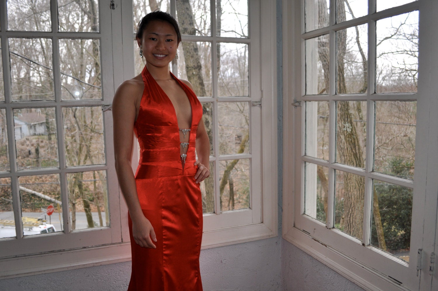 Red Carpet J Lo Vintage Red Silk Formal Prom Gown La Femme Bombshell Size XS