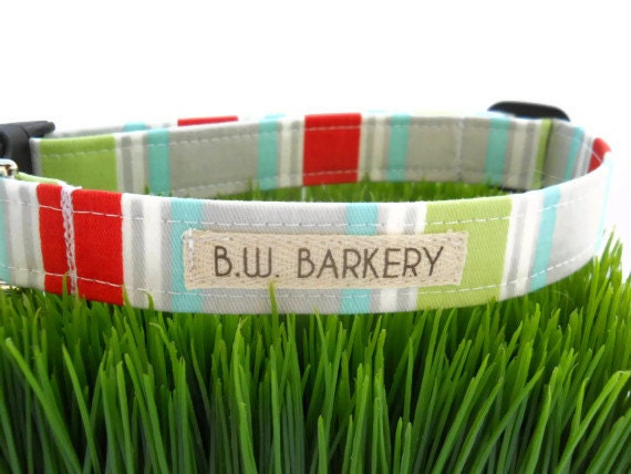 Dog collar...Aqua,red,grey,lime and white stripe print...Any size...