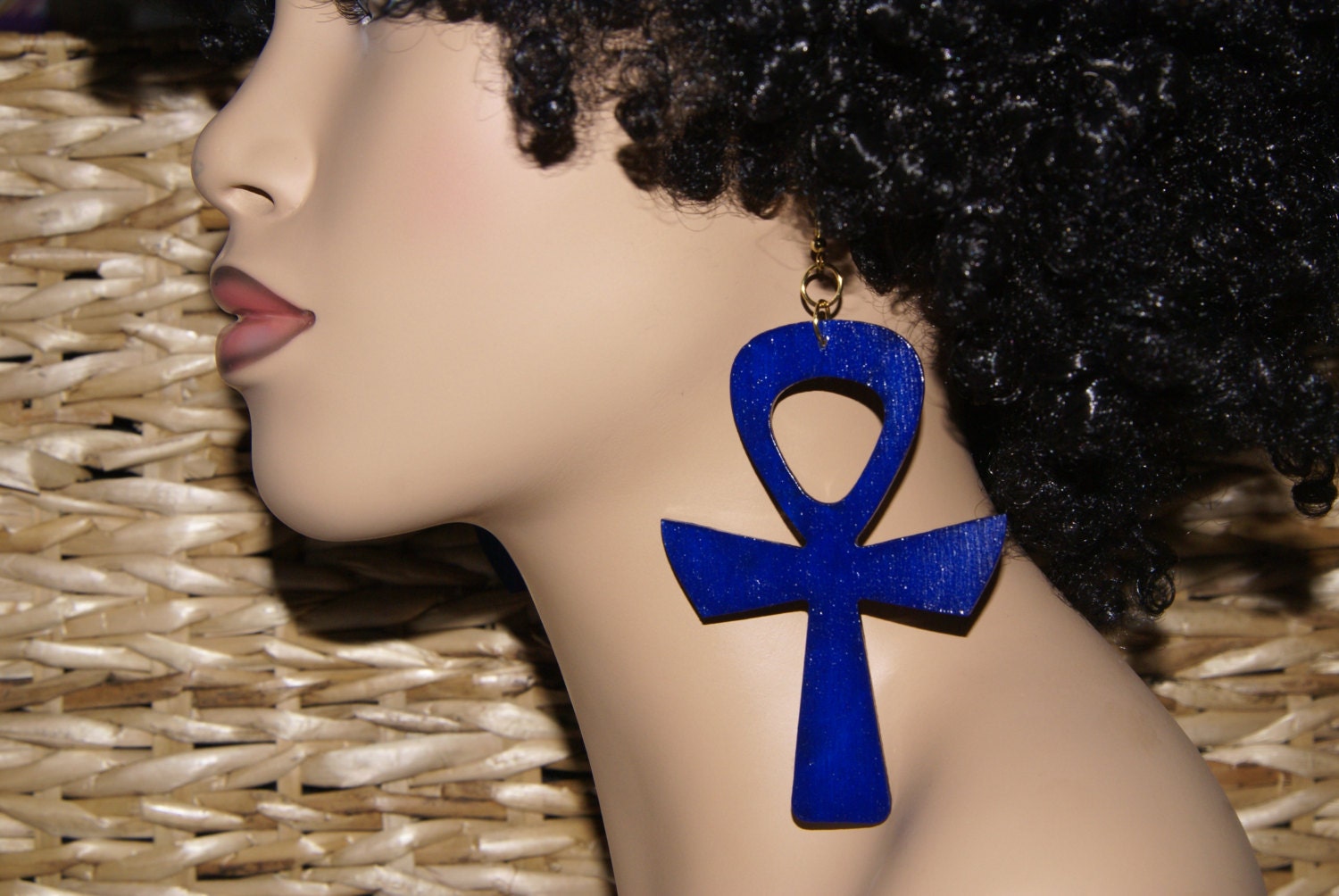 Large Wood Ankh Earrings- Blue