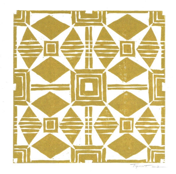 Abstract Repeating Geometric Pattern Linocut Art Print / 8 x 8 Square Home Decor / Gold, Silver