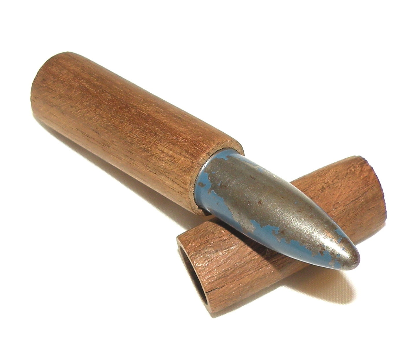 Vintage Bullet Lighter Wheel Cigarette Lighter w /Wood Case Red & Blue Bullet Collectible