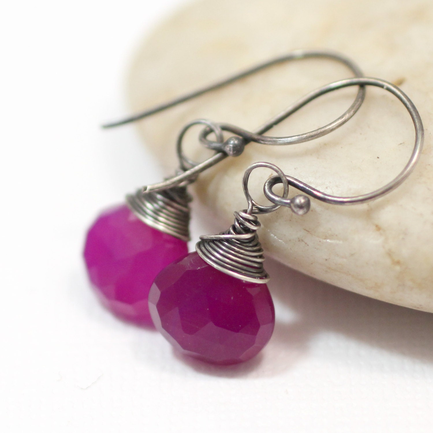 Chalcedony Earrings, Sterling Silver Earrings, Purple Chalcedony Drop Dangle Earrings, Wire Wrapped Gemstones