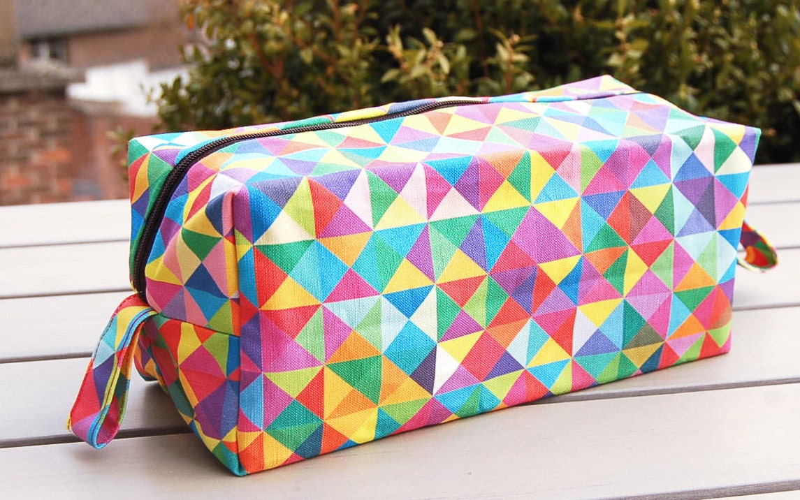 Own fabric design of colorful boxy  toiletry bag made out of cotton/linen