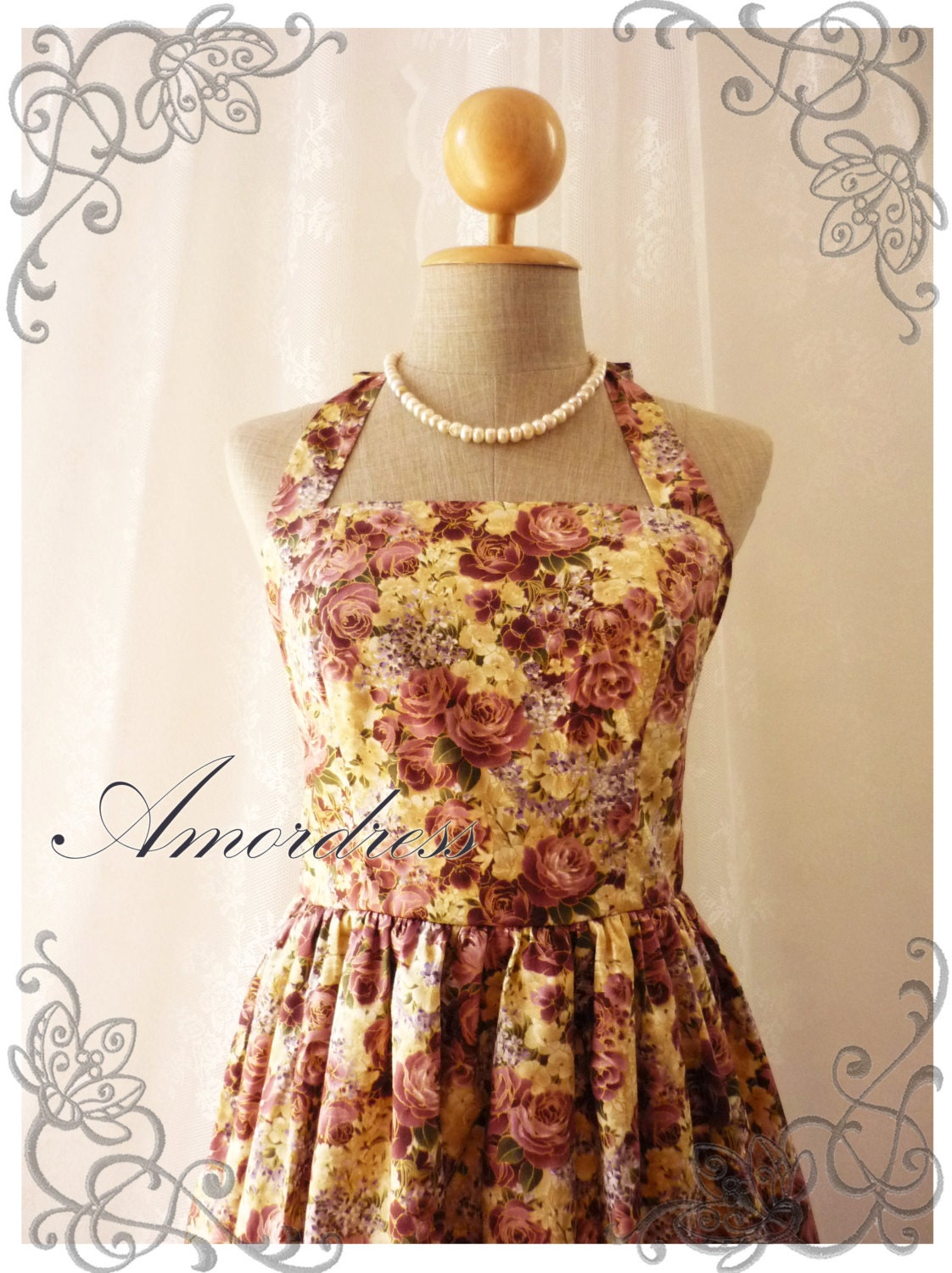 Exotic Purple Gold Rose Dress Japanese Style Rose Vintage Inspired Dress Party Tea Dress Once Upon a Time -Size S- ...LIMITED EDITION