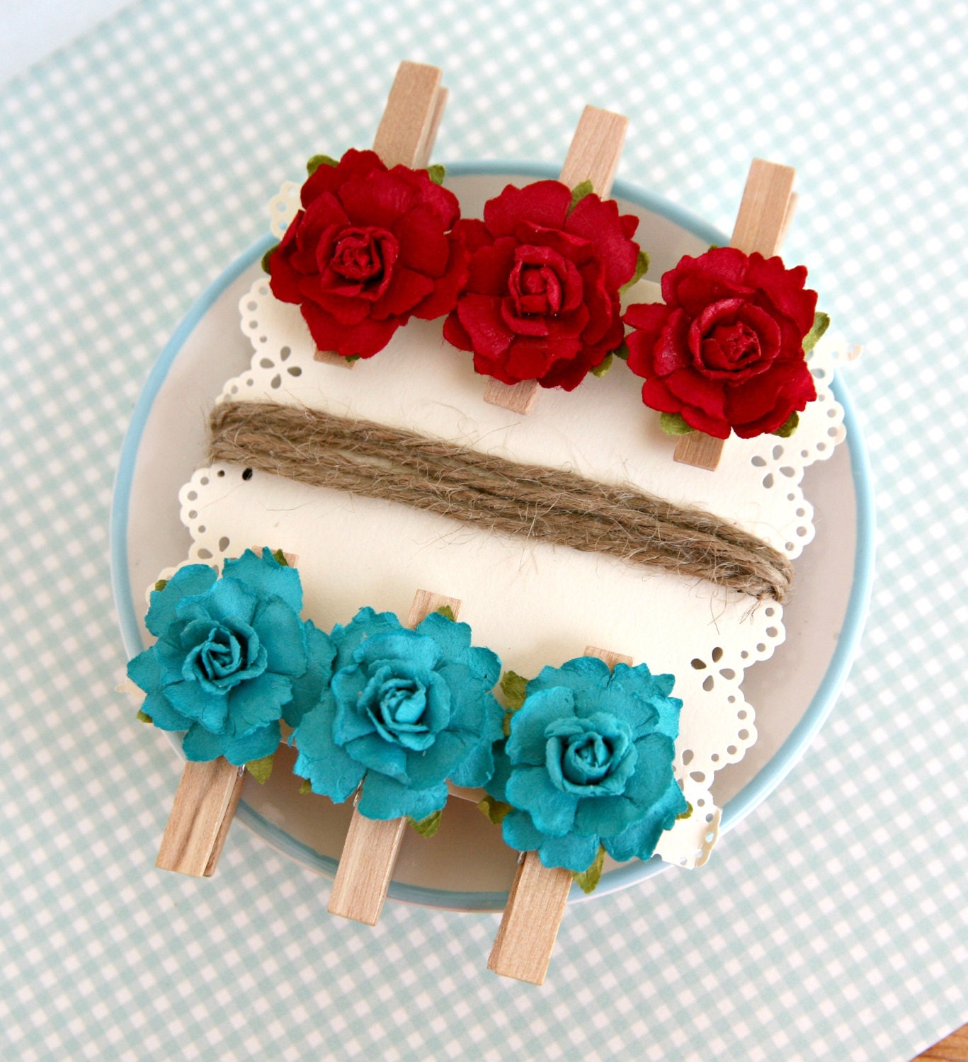 Photo and Note Garland Kit--Teal and Red Flowers and Clothespins