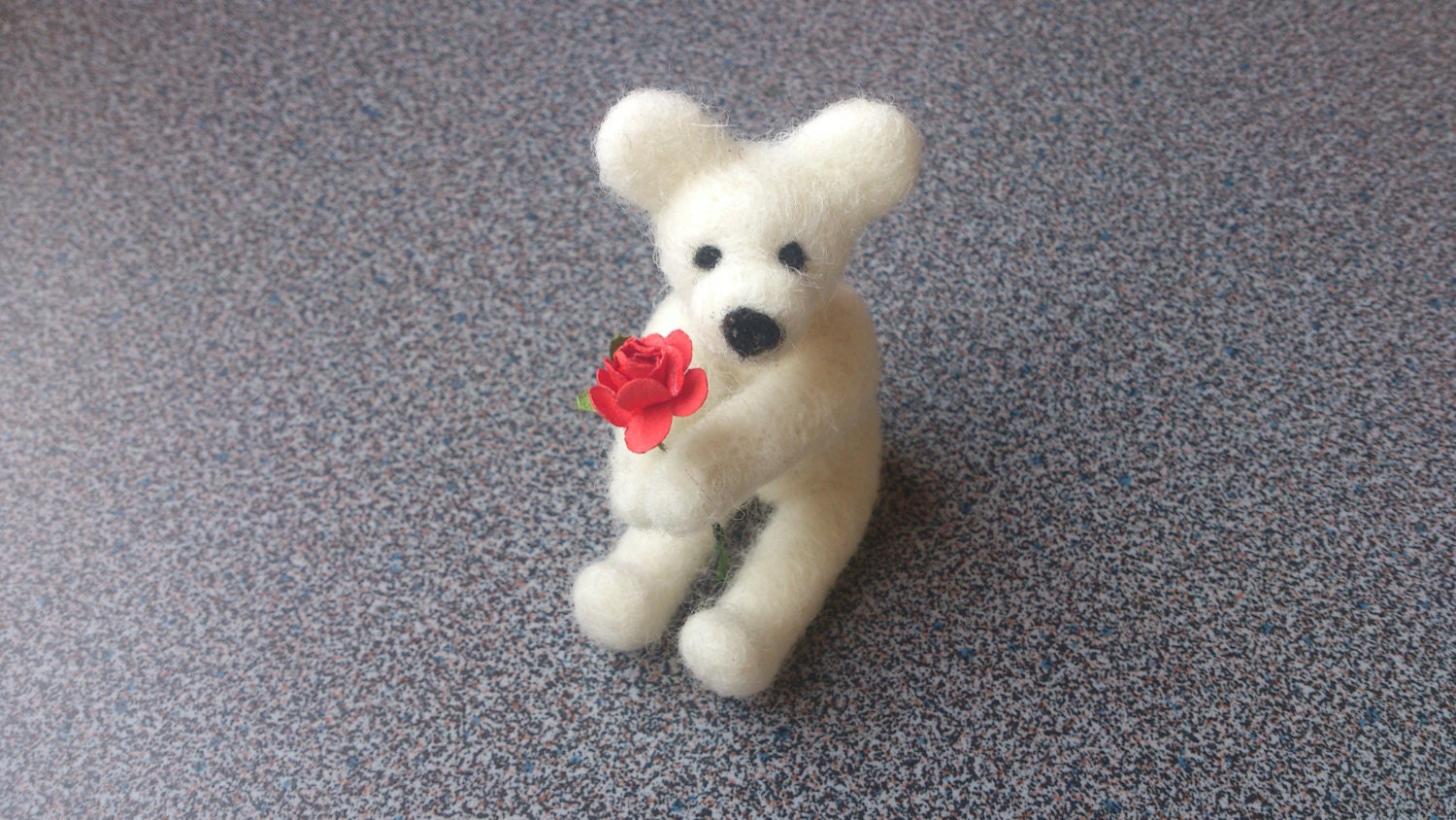 Miniature teddy bear white with red rose needle felted gift under 25 eco friendly