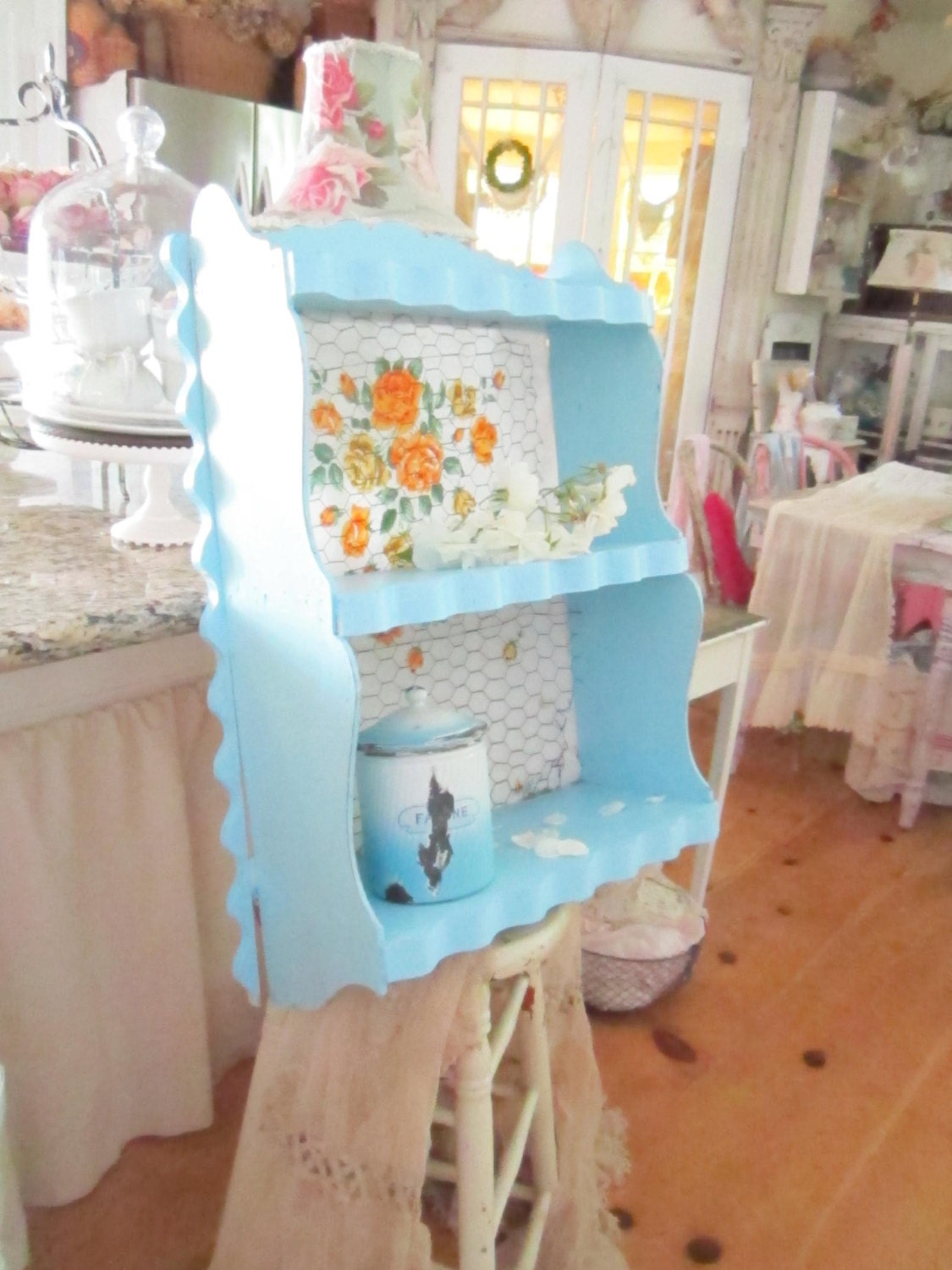 Vintage chippy painted blue  cabinet cupboard vintage rose fabric cottage chic shabby chic prairie