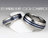 Titanium Ring Unique Wedding Band Set, Engagement, Promise or Anniversary Set with Domed Profiles and Two Pinstripes