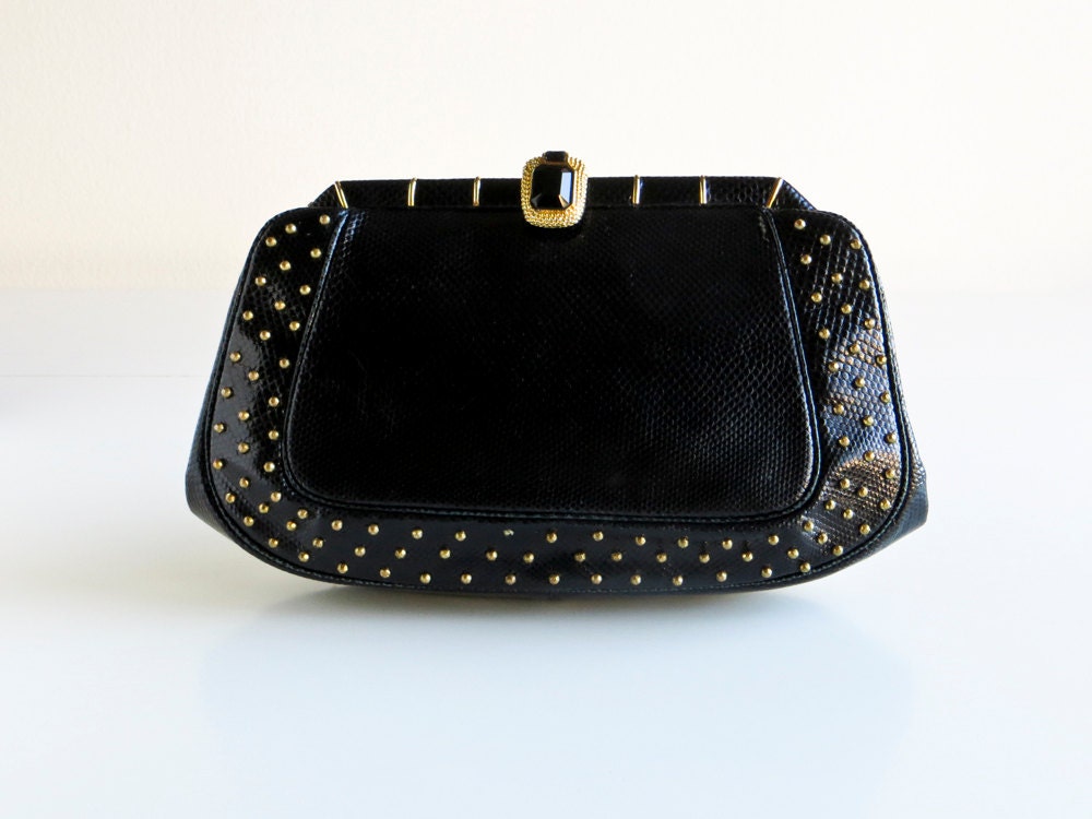 Vintage JUDITH LEIBER Black Lizard Studded Clutch Bag